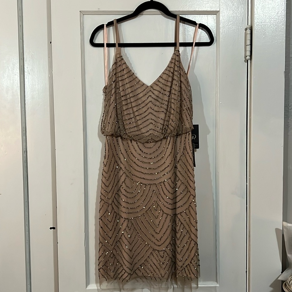 Adrianna Papell nude mesh bronze beaded mini dress